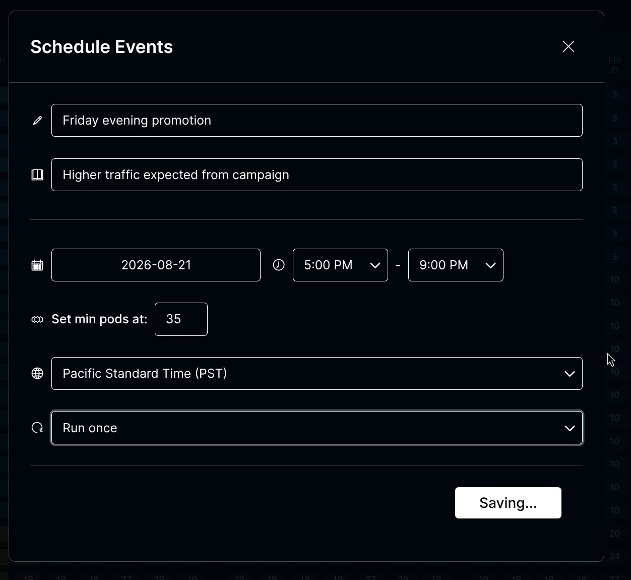 Form for a custom Friday promotion schedule