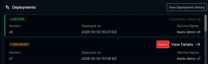 Deployments panel showing Active and Draining versions